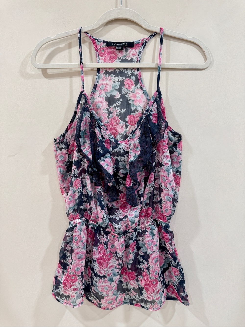 Y2K Vintage Forever 21 Rose Floral Sheer Lace Ruffle Cami Top Size M